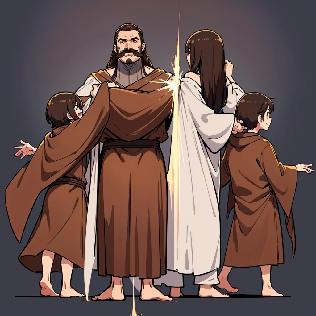(Full body character concept、Various poses、10 people)、Highest quality, Best Quality,Best illustrations、middle ages、(((Simple brown robe)))、(40-year-old uncle、mature、Kaiser moustache、Hair length to shoulders)、(Open your mouth、smile)、Dramatic Angle、Movement angle、(From the back、Back view)