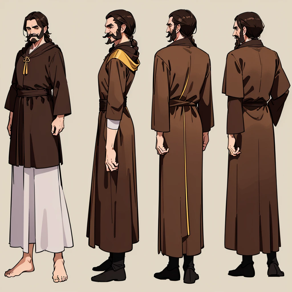 (Full body character concept、Various poses、10 people)、Highest quality, Best Quality,Best illustrations、middle ages、(((Simple brown robe)))、(40-year-old uncle、mature、Kaiser moustache、Hair length to shoulders)、(Open your mouth、smile)、Dramatic Angle、Movement angle、(From the back、Back view)