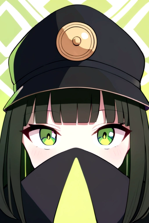 1 gatora, neon green eyes, black long straigh hair with bangs, mask covering the mouth and nose, black samurai hat, green aurea around the body