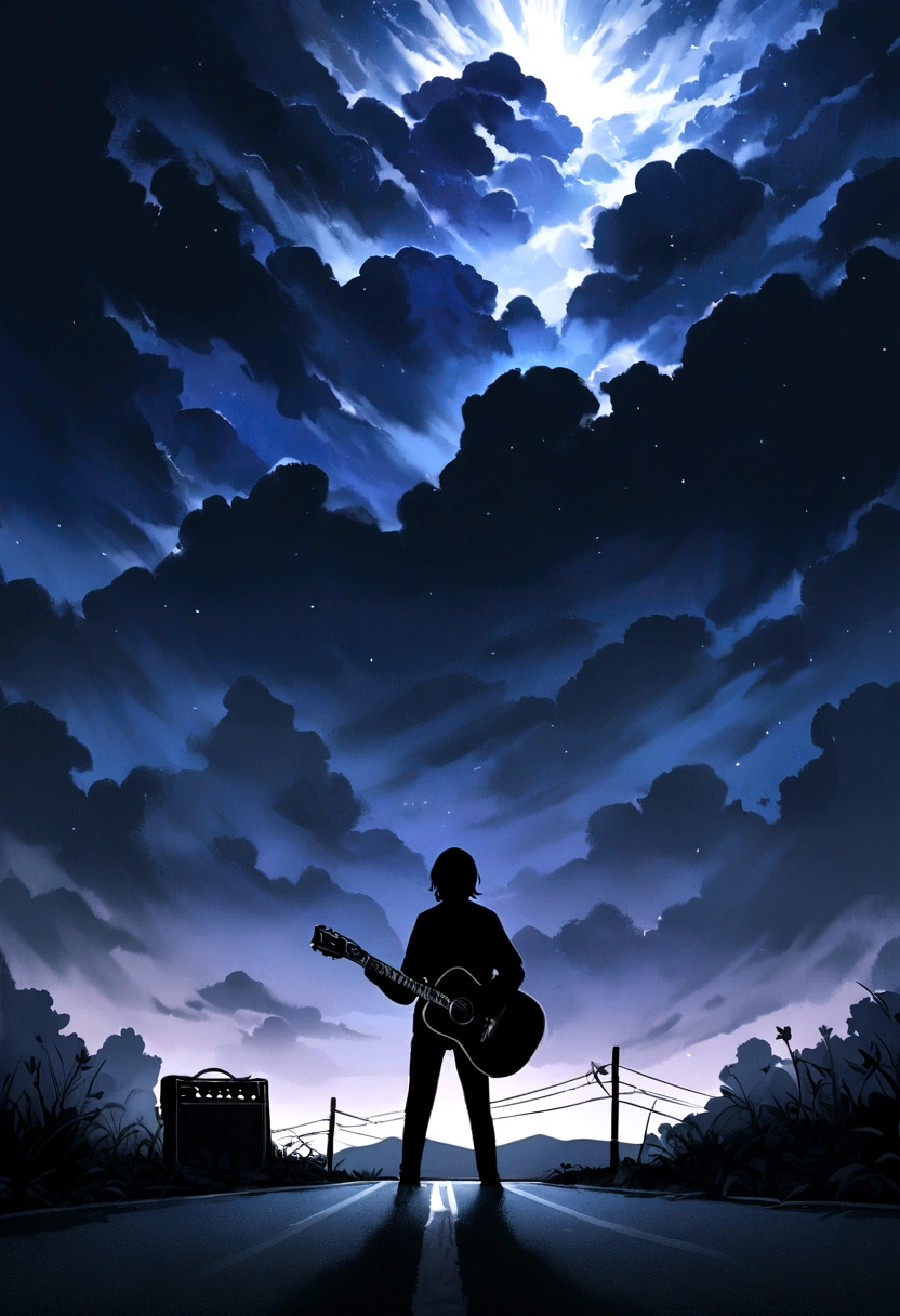 Create an image that represents the music "hypocrite" A black and white photo of the Foo Fighters is projected onto an empty road, Spreading to the horizon. In the middle of the road, Place an abandoned guitar amp, As an expression of the inner conflict and false identity that this song speaks of. In the sky, Painting the disappearing dark clouds, Symbolizes liberation and overcoming fear and falsehood..