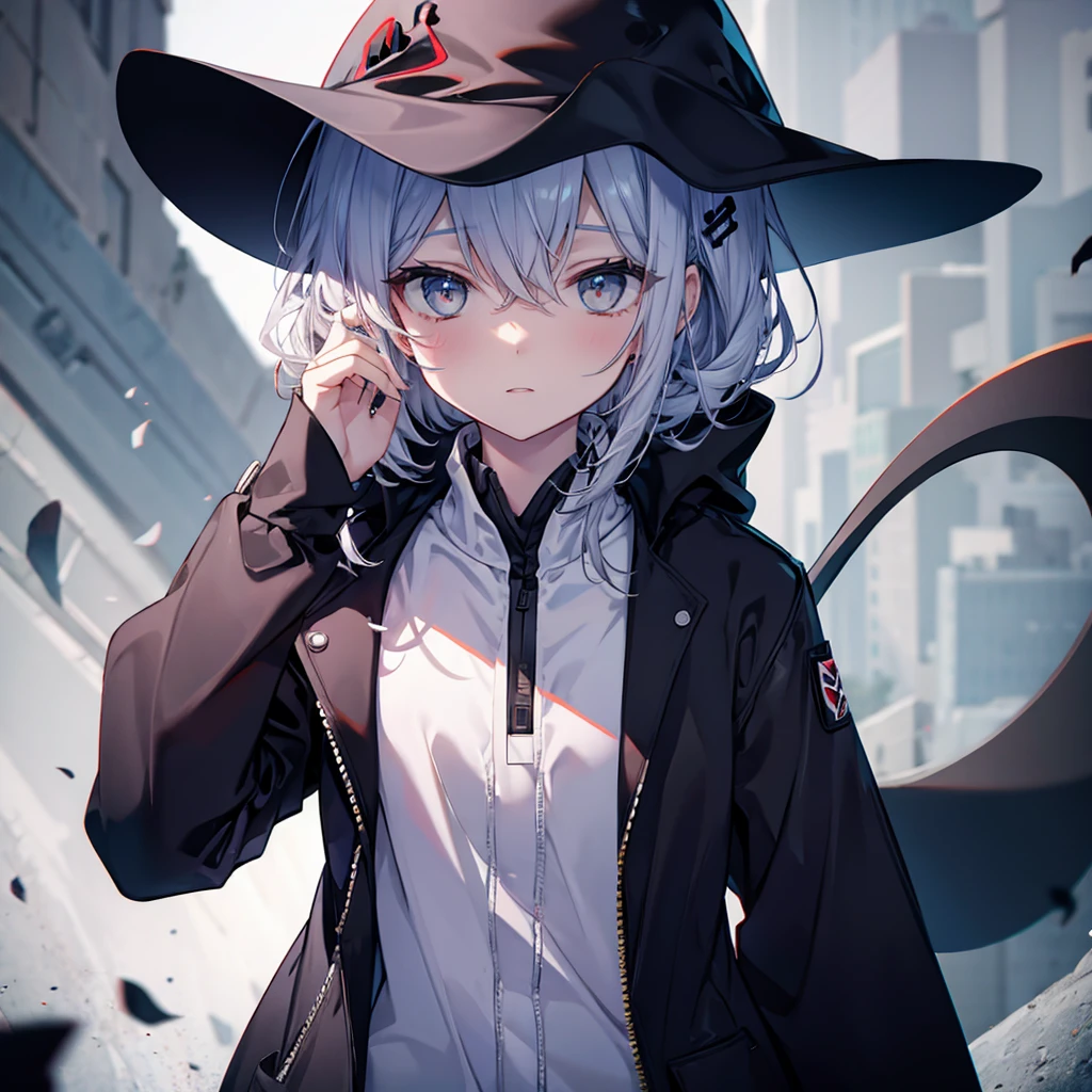 (((Grim Reaper's Scythe))) (((Gray Hair Short Hair blue eyes girl))),((night full moon My own big wings)),(Wearing a hood Black camisole Skull mark Purple light), A tense look Shining Background Shining Edge