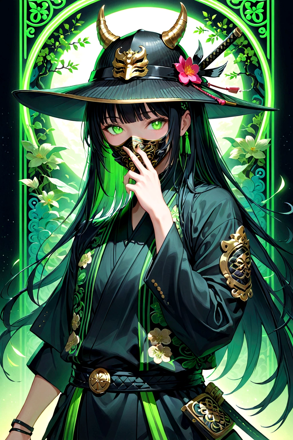 1 gatora, neon green eyes, black long straigh hair with bangs, mask covering the mouth and nose, black samurai hat, green aurea around the body 