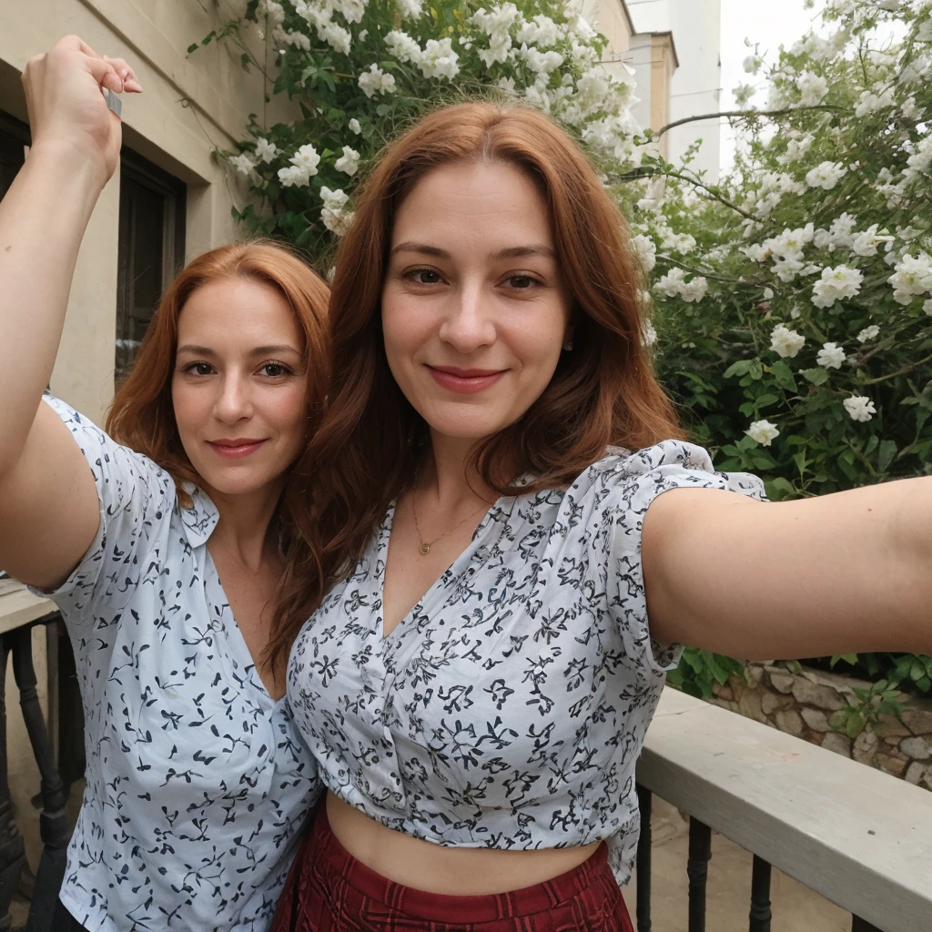 1 girl, solo, Caucasian, Old woman, mature, her name is Sophia, (mother), ((consistent face and image)), (((60 years old woman))), (((wrinkles))), ((long red hair)), ((fair skin)), ((round face)), ((short roman nose)), ((brown plump lips)), ((full body)), ((half body shot)), (((sexy and chubby body))), (((wearing skirt and printed blouse))), (inside Portugal townhouse backyard), smirk, ((spring season)), (((selfie)))