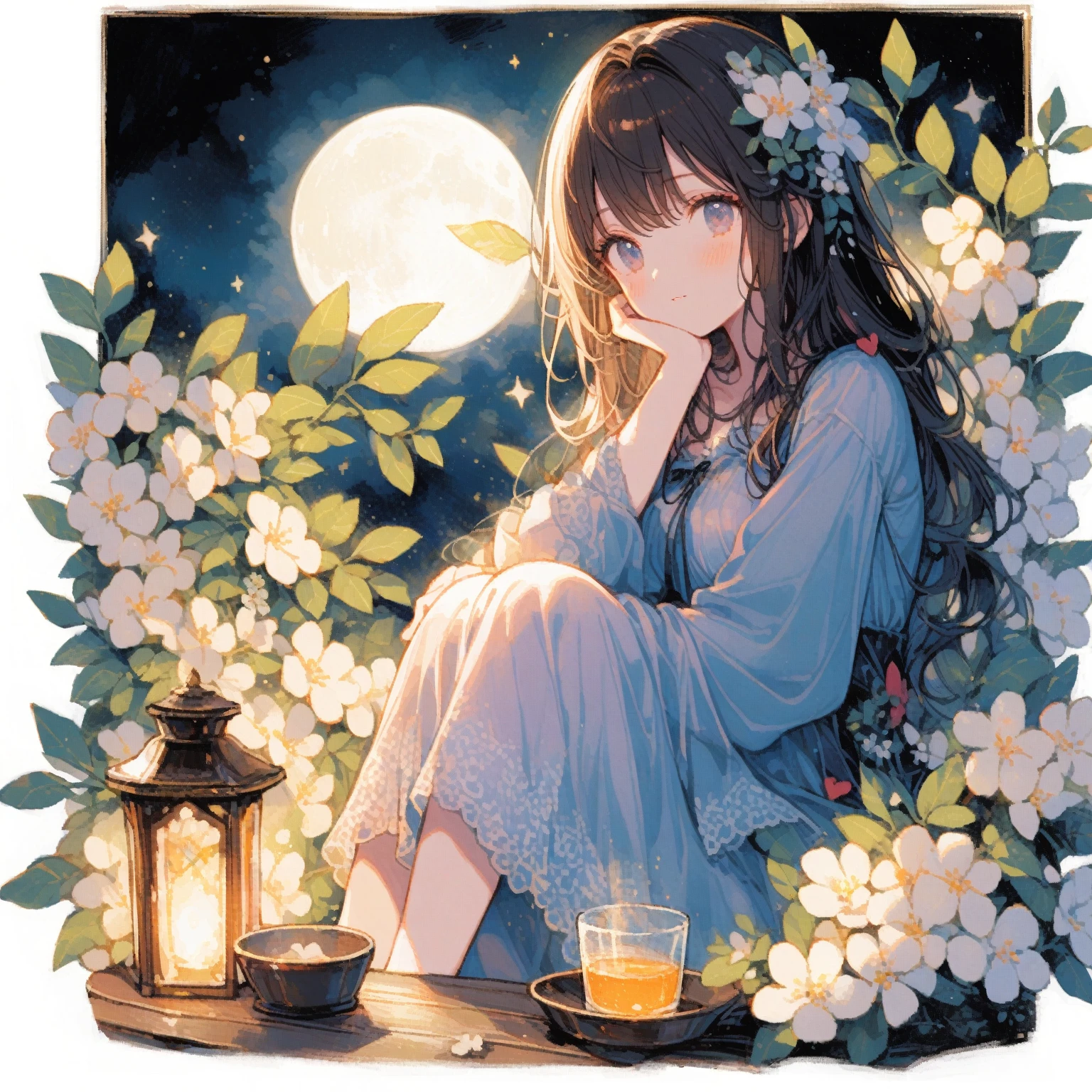 1girl、Murraya paniculata、「Innocent Heart」、Silk nightgown、Night Darkness、Illuminated by the moon、Silk Jasmine、tegaki