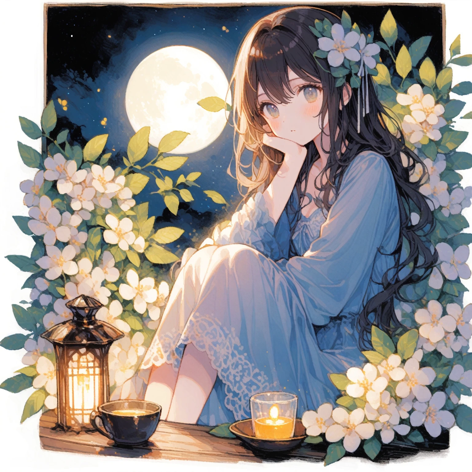 1girl、Murraya paniculata、「Innocent Heart」、Silk nightgown、Night Darkness、Illuminated by the moon、Silk Jasmine、tegaki