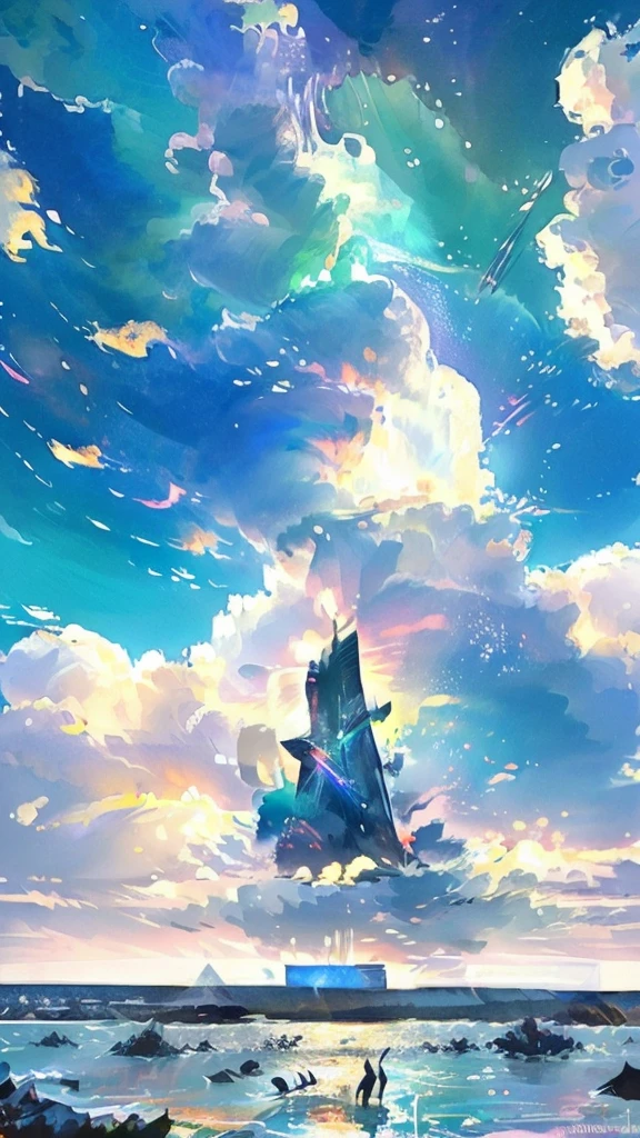 Picture of a killer whale swimming in a colorful sea, Look up the composition，Whale in the Sky, Inspired by Cyril Rolland, Dreamy psychedelic anime, Colorful anime movie background, Beautiful artwork illustration, author：Shitao, Colorful concept art, Makoto Shinkai Cyril Roland, In the style of Cyril Rolland, Flying Whale, Very detailedな水彩画8K, Very detailedな水彩画8 K，Octane Number，Realistic，8K，Estilo Makoto Shinkai( Streamlined Design, Clear lines, High sharpness,Highest quality, Very detailed, Master Parts, Film Light Effect, 4K )