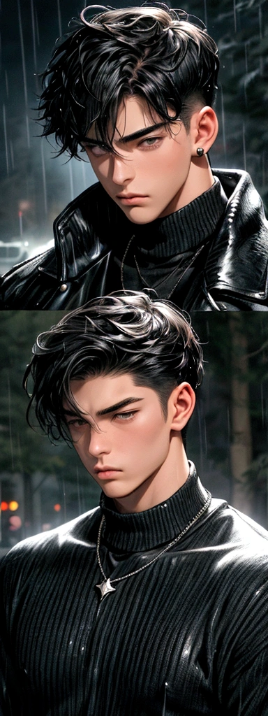 handsome young male,(20 AS adult)muscular,handsome male,muscular,black hair,bangs,ribbed sweater,pendant,best quality,scowl,hand_to_mouth,in the rain,in winter,