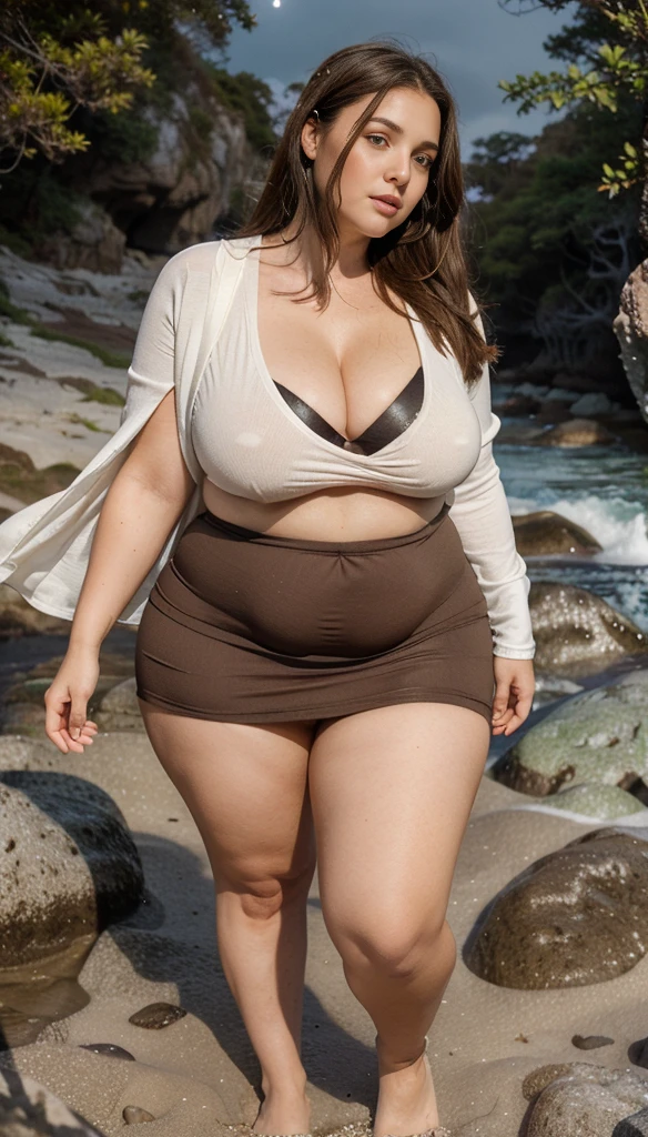 A plump woman with brown hair in a tight-fitting white dress with a  walking along a rocky beach of glowing stones, moonlit night, milky way, full-face faces