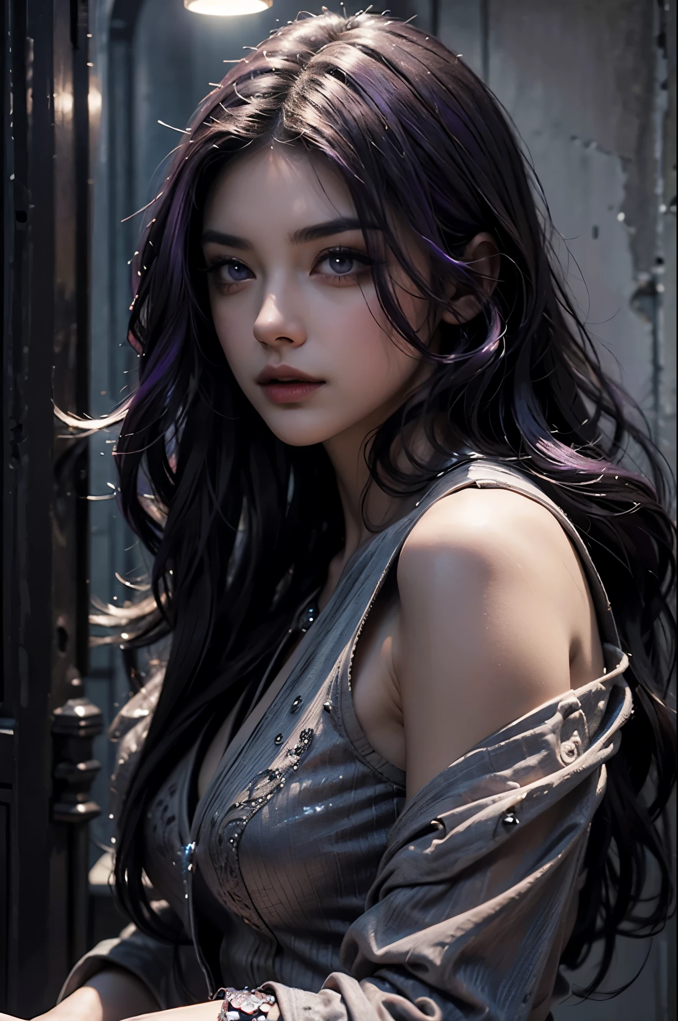 1 girl, mysterious, mouth covered, purple hair, hot, sexy, beautiful detailed eyes, beautiful detailed lips, extremely detailed face, longeyelashes, elegant dress, dramatic lighting, cinematic, dark fantasy, chiaroscuro, dramatic colors, rich textures, intricate details, ultra-detailed, 8k, hyperrealistic, masterpiece, digital art, concept art