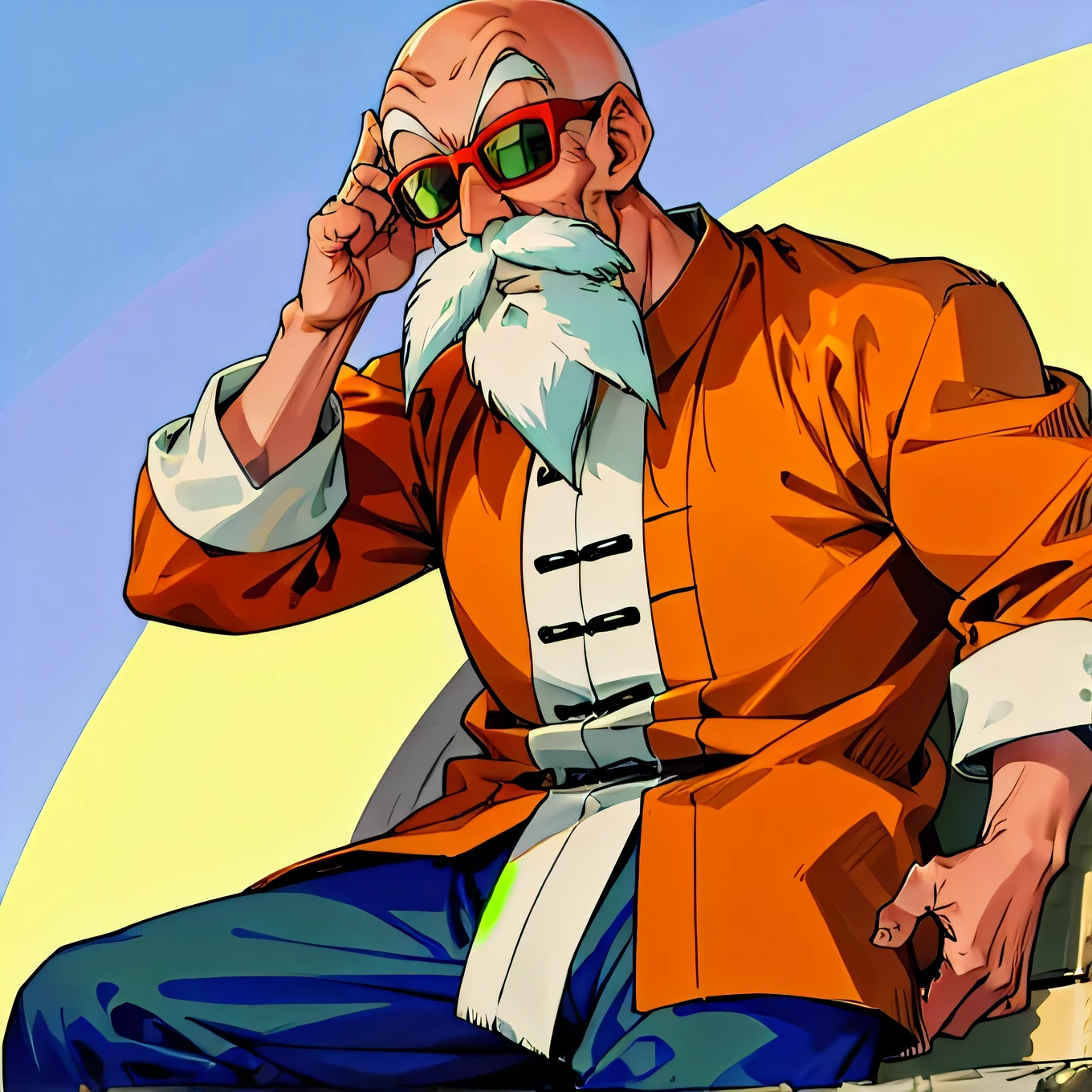 highres, High quality,(Beautiful), ((masterpiece)),vibrant colors,muten roushi, old man, black eyes,bald, facial hair, beard, mustache, white hair, chinese clothes,muscular male orange jacket, blue pants, sunglasses, red-framed eyewear, green-tinted eyewear 