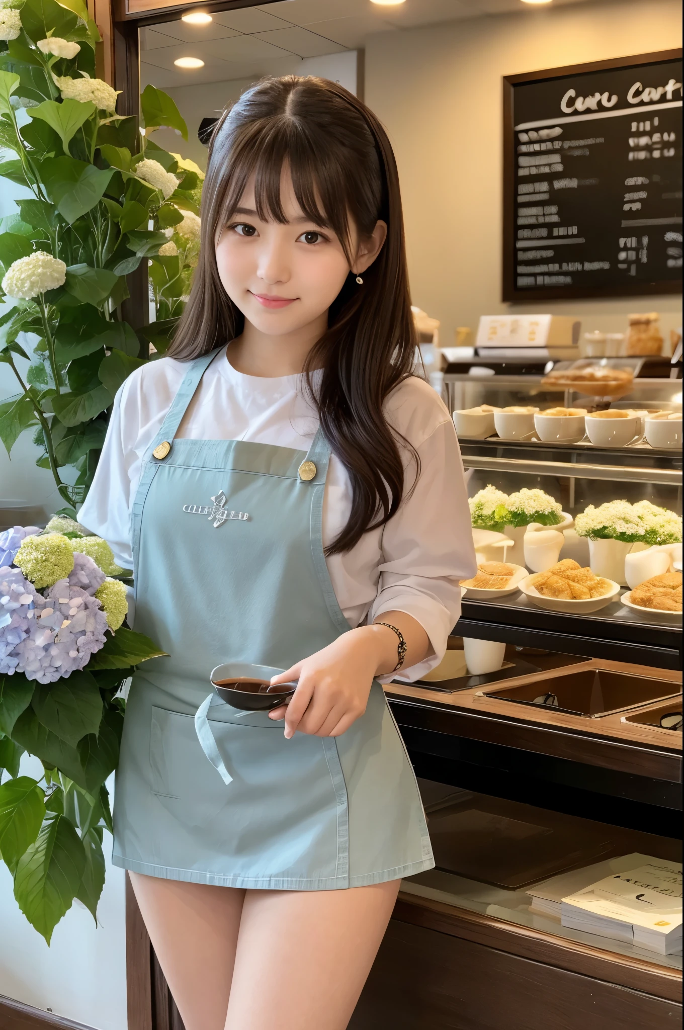 A 20-year-old girl working at a coffee shop decorated with hydrangeas（Wearing a miniskirt and apron）