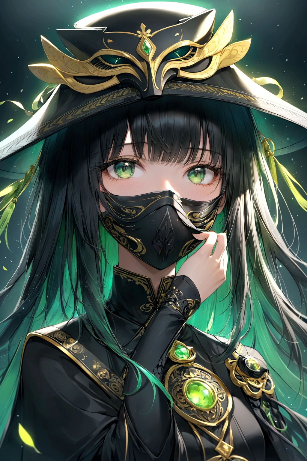 1 gatora, neon green eyes, black long straigh hair with bangs, mask covering the mouth and nose, black samurai hat, green aurea around the body