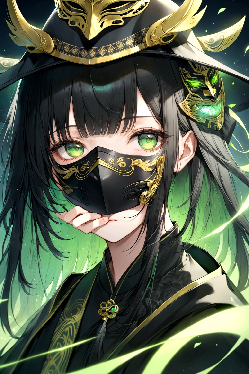 1 gatora, neon green eyes, black long straigh hair with bangs, mask covering the mouth and nose, black samurai hat, green aurea around the body