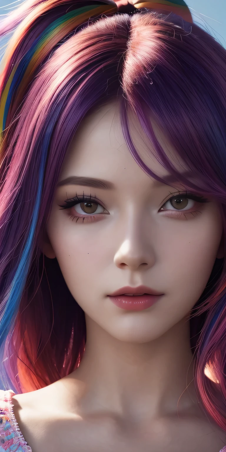 Beautiful woman,multicolored hair, hair ribbon, Surrealism, cinematic lighting, close-up, UHD, high details, masterpiece