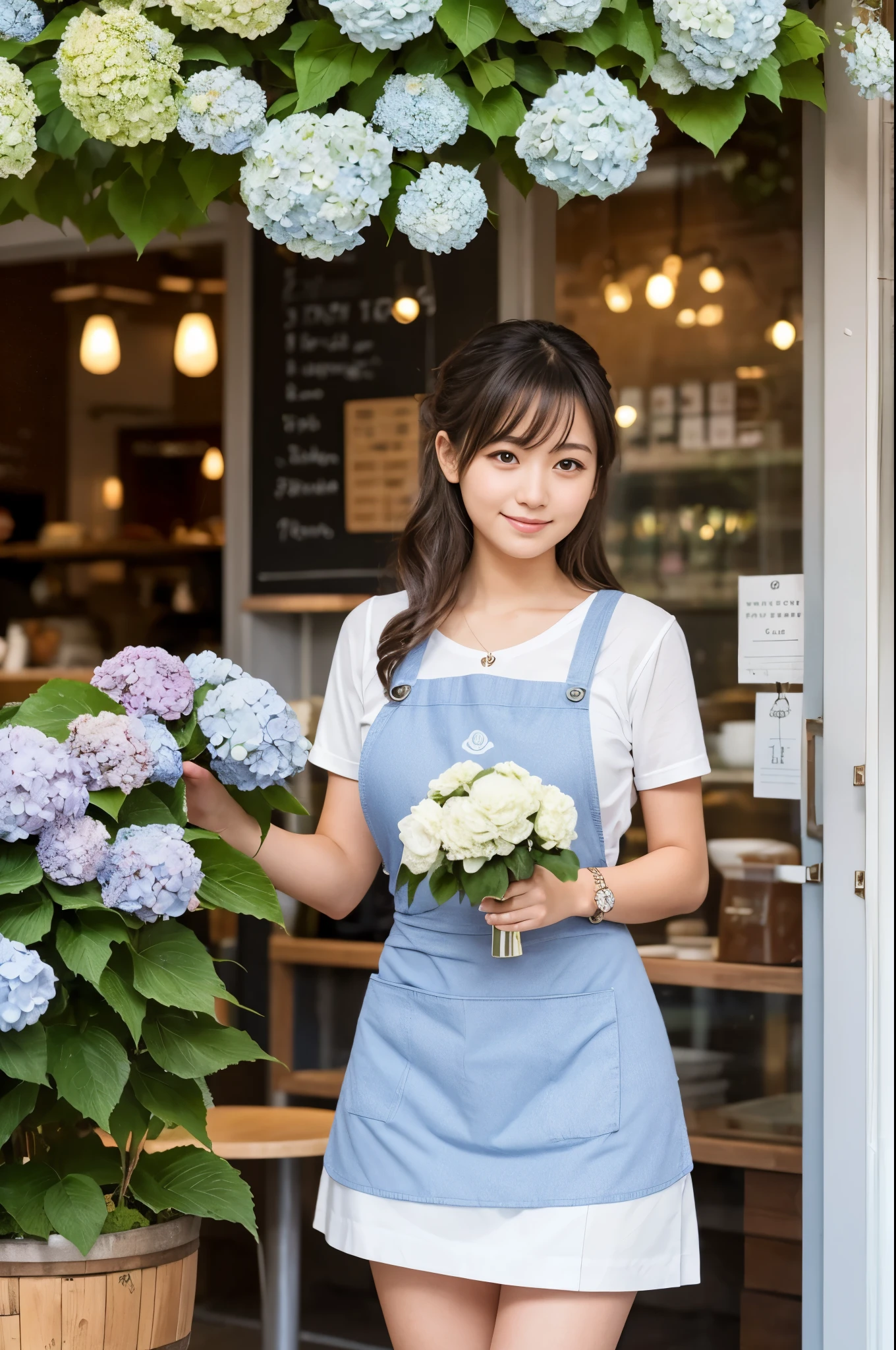 A 20-year-old girl working at a coffee shop decorated with hydrangeas(Wearing a miniskirt and apron)