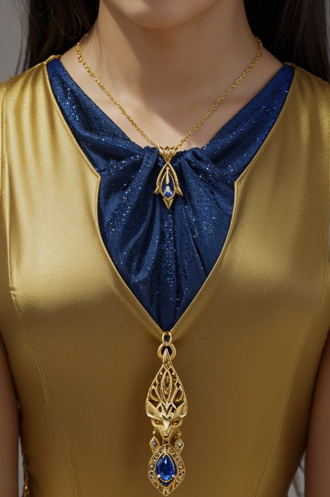 piece of jewelry, made of delicate gold links that shimmer in the light. Hanging from the center of the necklace is a small but striking pendant, shaped like a stylized jackal head. The details of the pendant are finely crafted, and the eyes of the jackal are made of deep blue sapphires that gleam brightly.*