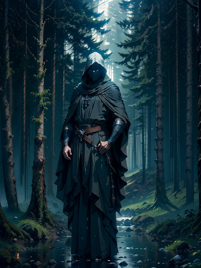 (Best Quality,ultra detailed), artificial raindrops falling, a man standing in the rain, white hair, blue eyes, detailed face(fail),dense forest landscape,majestic and serene nature, shining brightly in the night sky,black medieval outfit with pants glow in the moonlight, gentle style