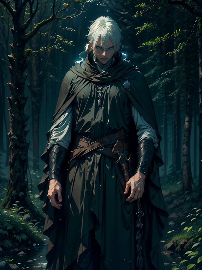 (Best Quality,ultra detailed), artificial raindrops falling, a man standing in the rain, white hair, blue eyes, detailed face(fail),dense forest landscape,majestic and serene nature, shining brightly in the night sky,black medieval outfit with pants glow in the moonlight, gentle style