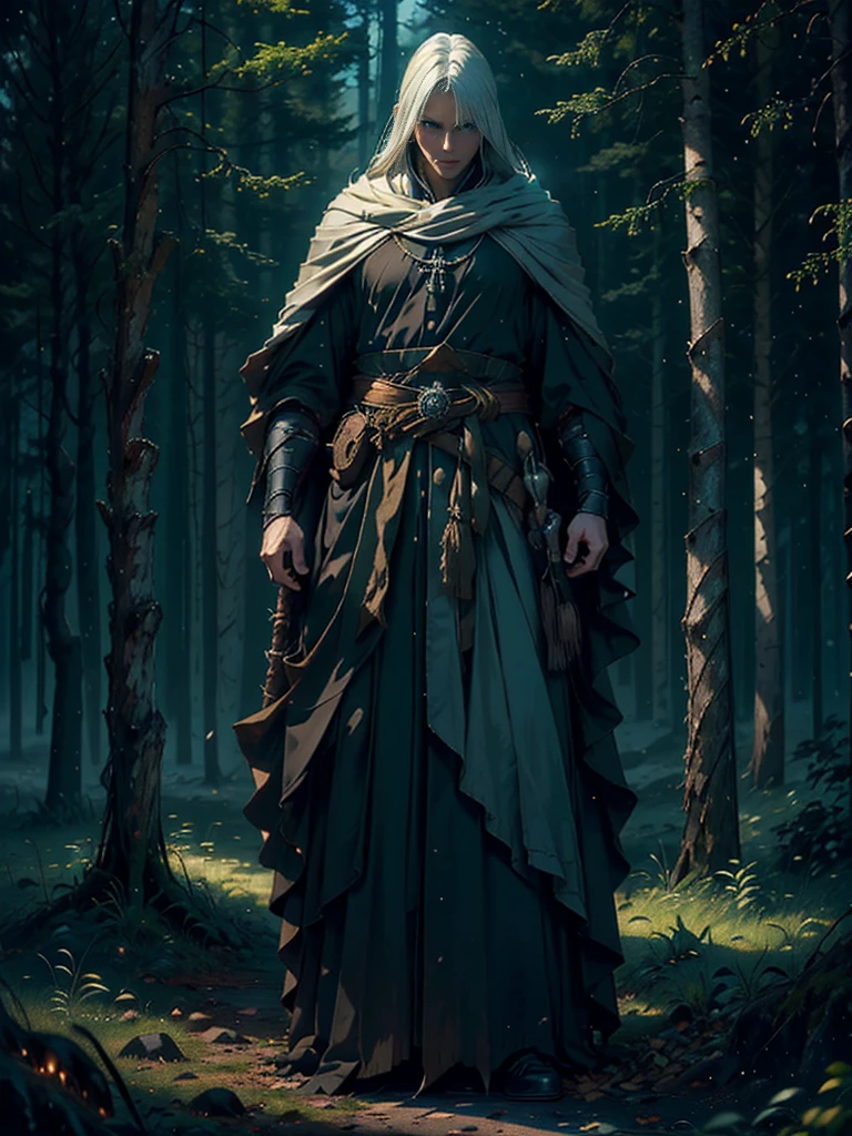 (Best Quality,ultra detailed), artificial raindrops falling, a man standing in the rain, white hair, blue eyes, detailed face(fail),dense forest landscape,majestic and serene nature, shining brightly in the night sky,black medieval outfit with pants glow in the moonlight, gentle style