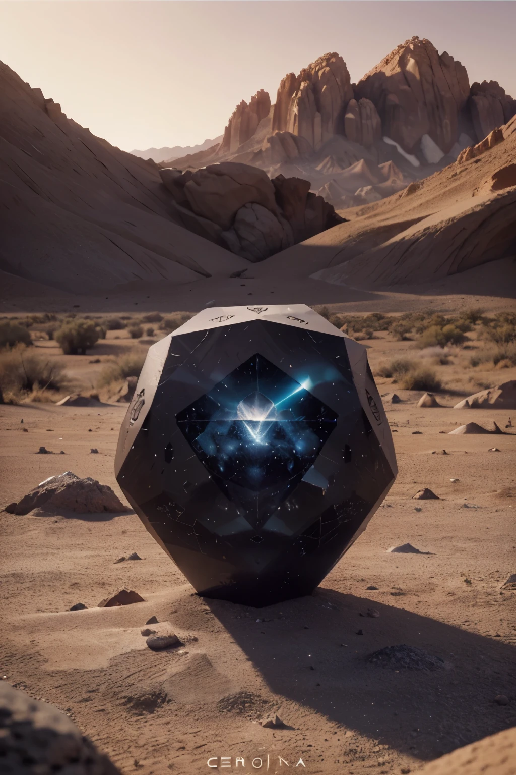 a close-up of a large crystal in a desert with rocks, animation style rendering, atlas, cd cover art, sphere, flares anamorphic, Pierre Pellegrini e Ash Thorp, widescreen anamórfico, Platonic solids, cena espacial, psytrance, film still promotional image, facets