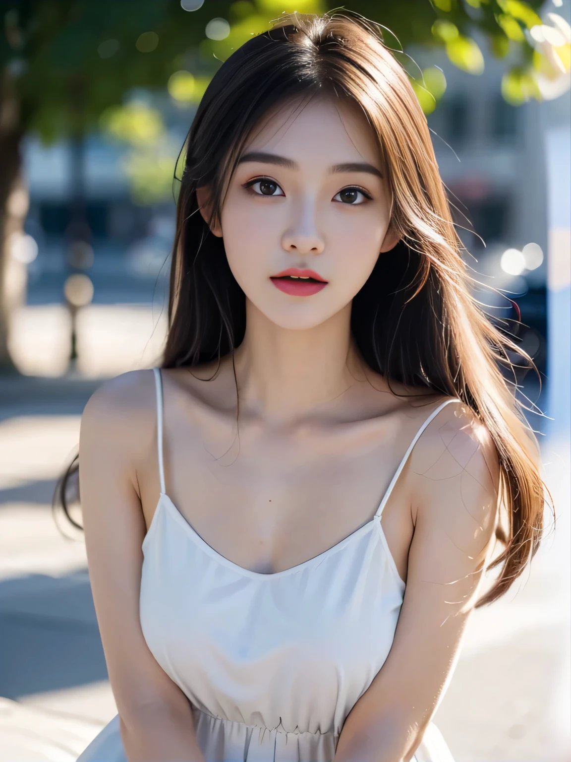Best quality,masterpiece,Ultra-high resolution,(Reality:1.4),RAW photos,1 Girl,Facial highlights,pure,Girlish feeling,rinse,18 years old,18 years old smiling female classmate,pure,Innocent,(Best quality,8K,masterpiece:1.3),Oval face,big eyes,Long eyelashes,Beautifully(Live-action realism style),Star-like eyes,Ultimate Face,Realistic light and shadow,Clear facial features,Milky white skin,White skin, High Detail Skin, Realistic skin details, visible pores,(Super Detail),(Perfect body:1.1),White hair,Huge ,(Dynamic poses),((Dynamic Background((Volumetric Light:1.3)),street,Milk tea, denim skirt, different walking postures