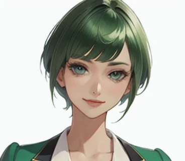 green hair,Emerald hair,short hair,short hair,bright face,upper body up,chest up,business woman,intellectual,smile,white jacket,laughter,30 years,drooling eyes, alone,know,Flow of hair that extends to the face,bangs between eyeliner hair,High resolution, Bright and clear, Big light blue eyes shine charmingly,green one piece,eyeliner,Shining white skin,beautiful bangs, (Beautiful quality with attention to detail), (super detailed), (wallpaper), (detailed face), (High resolution), (In 8K), (very detailed), (Best figure), (Beautiful quality with attention to detail), (super detailed), (wallpaper), (detailed face)