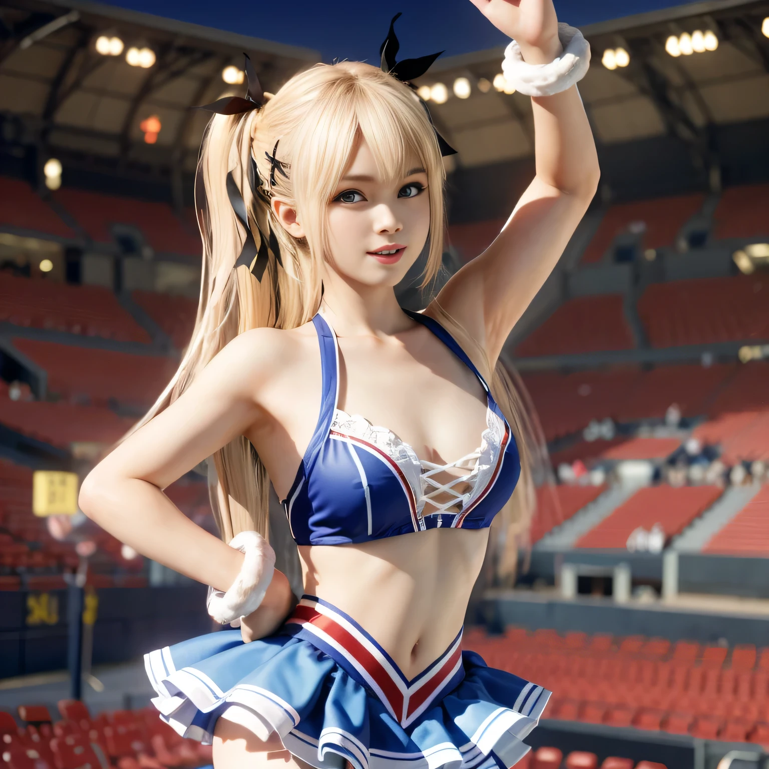 独りの女、Marie rose, Anime girl with cheerleaders holding pompoms and doing a dynamic pose at the stadium,8K resolution, surreal, Super detailed, high quality,perfect anatomy, (girl: 1.1), girl1, beautiful girl Marie rose,-yeld, diled face, long hair, (middle breasts),(thin hips), cute, Marie rose faces, smile,