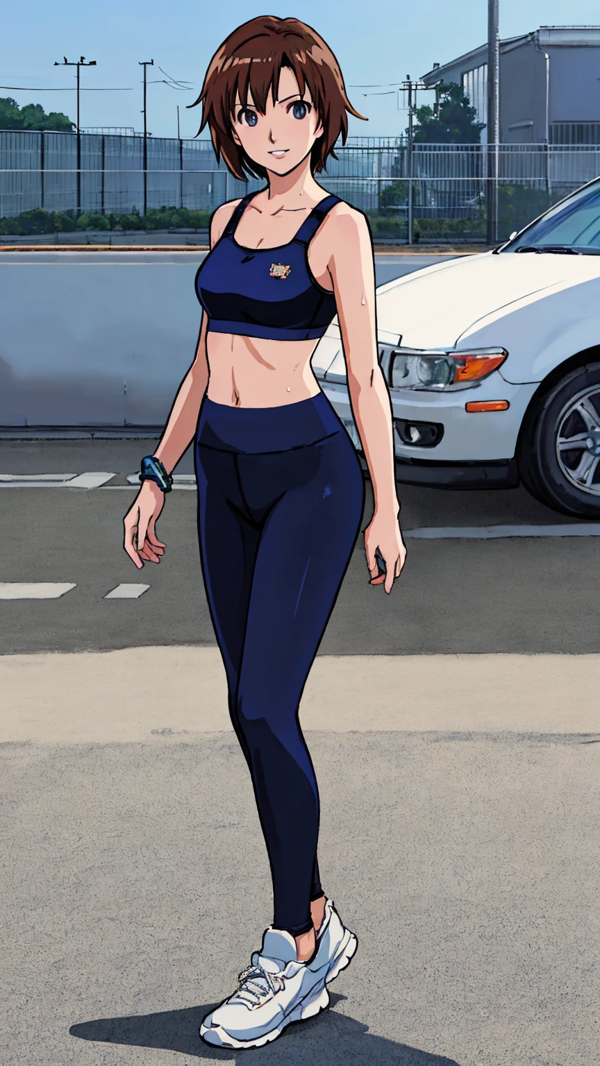 (Highest quality,4K,8K,High resolution,Tabletop:1.2), Super detailed, (Realistic,photoRealistic,photo-Realistic:1.37), ((whole body)),((Girls with very short hair)), Sweat,Grin,Raise the hand,((Sports bra and navy blue leggings)), Wristband,White loose socks,Black sneakers,Beautiful attention to detail, Beautiful lip detail, Highly detailed eyes and face, Long eyelashes, Realistic anime 3D style, Smooth anime CG art, Digital rendering by Makoto Shinkai, Moe anime art style, photoRealistic rendering of an anime girl, Shinkai Makoto style, Cute anime girl visuals, Realistic young anime girl, Girl Fanart, Works by anime artists'Studio.