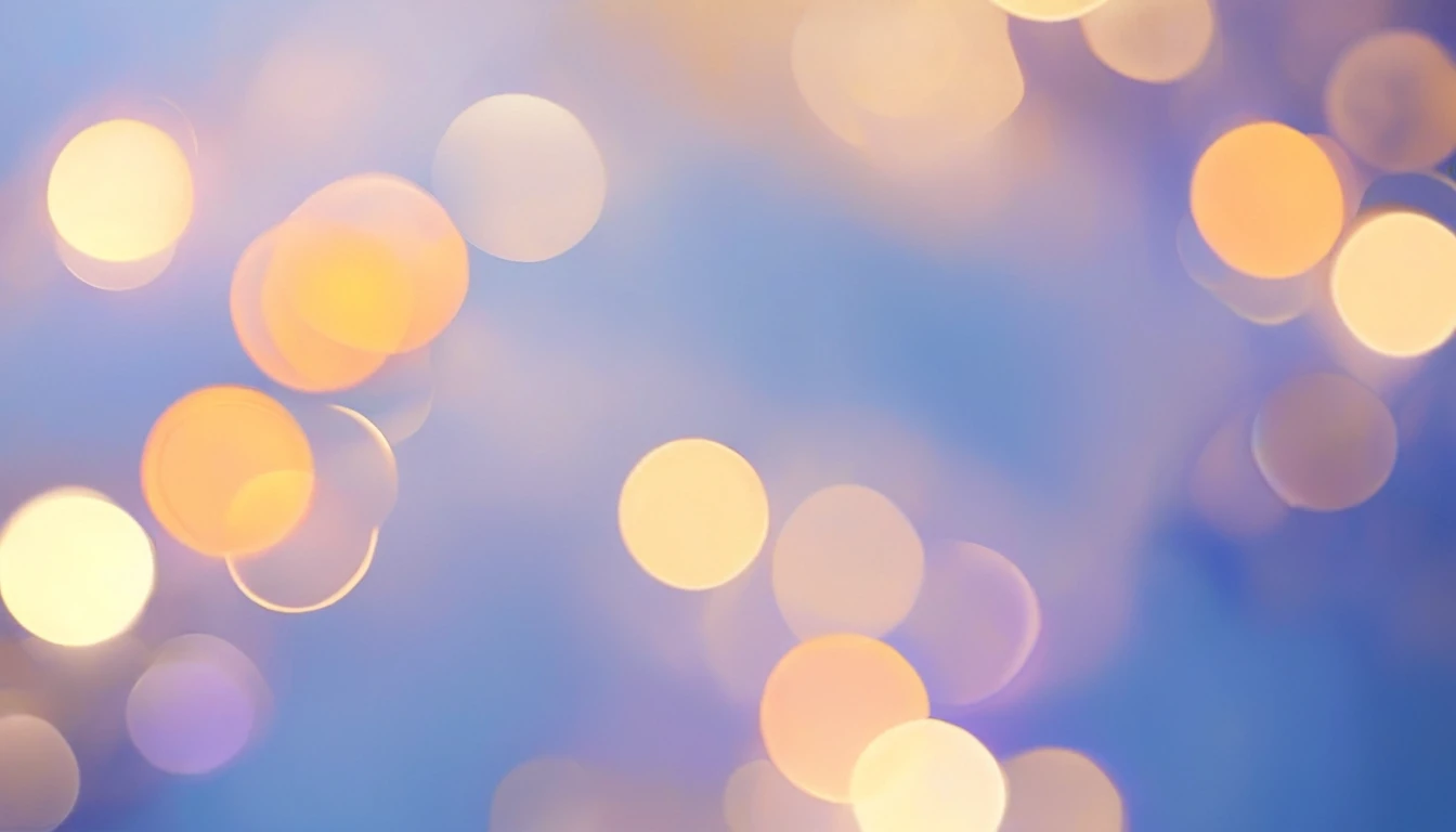 Picture a gift wrap with a gentle blend of soft lavender, light blue, and pale orange colors. Abstract lines in deeper blues and contrasting oranges flow gracefully across the paper. Soft round shapes and blurry bokeh lights in whites and pastels add a dreamy and calming effect, making it ideal for elegant and peaceful presentations.