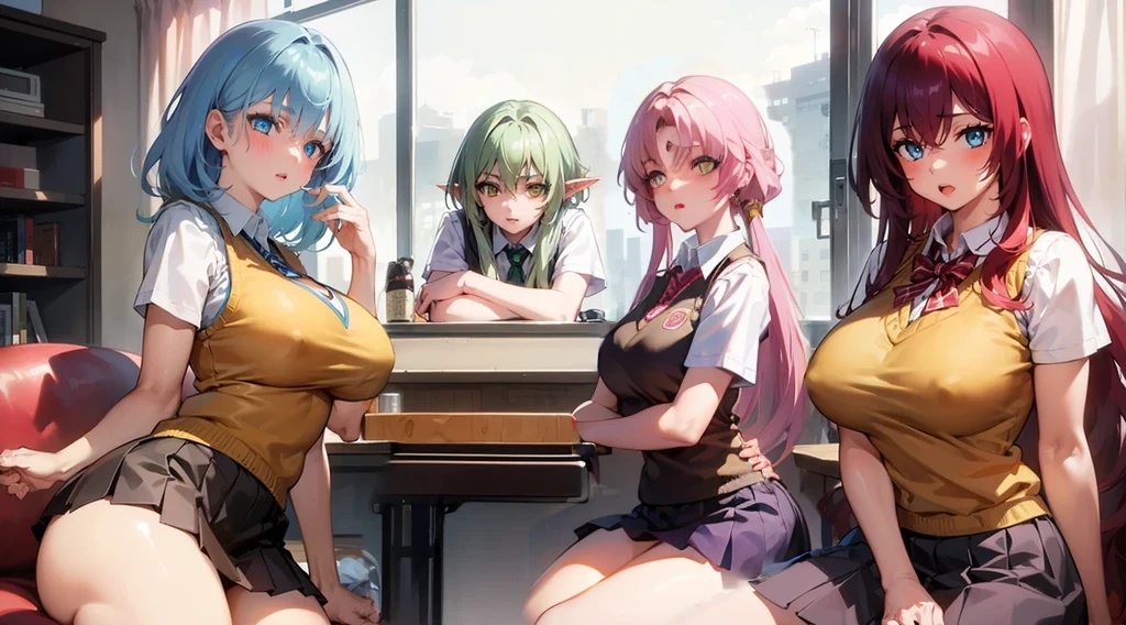 pink eye, pink hair,
BREAK (otonokizaka , pleated skirt, , short sleeves, skirt, summer uniform, sweater vest, yellow sweater vest,:1.2)
BREAK  sitting in an office chair, on a desk,
BREAK (masterpiece:1.2), best quality, high resolution, unity 8k wallpaper, (illustration:0.8), (beautiful detailed eyes:1.6), extremely detailed face, perfect lighting, extremely detailed CG, (perfect hands, perfect anatomy),