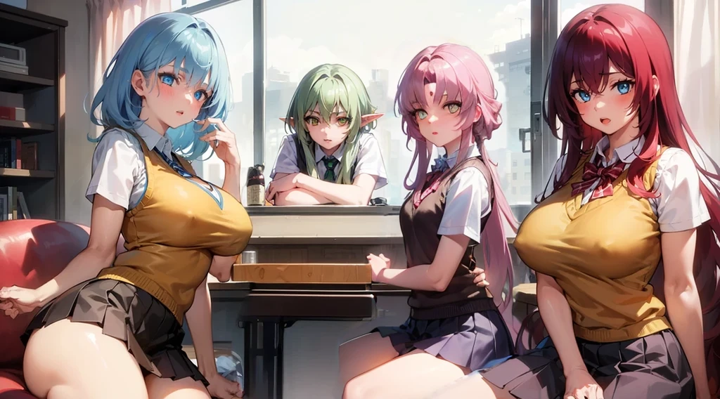 pink eye, pink hair,
BREAK (otonokizaka , pleated skirt, , short sleeves, skirt, summer uniform, sweater vest, yellow sweater vest,:1.2)
BREAK sitting in an office chair, on a desk,
BREAK (masterpiece:1.2), best quality, high resolution, unity 8k wallpaper, (illustration:0.8), (beautiful detailed eyes:1.6), extremely detailed face, perfect lighting, extremely detailed CG, (perfect hands, perfect anatomy),