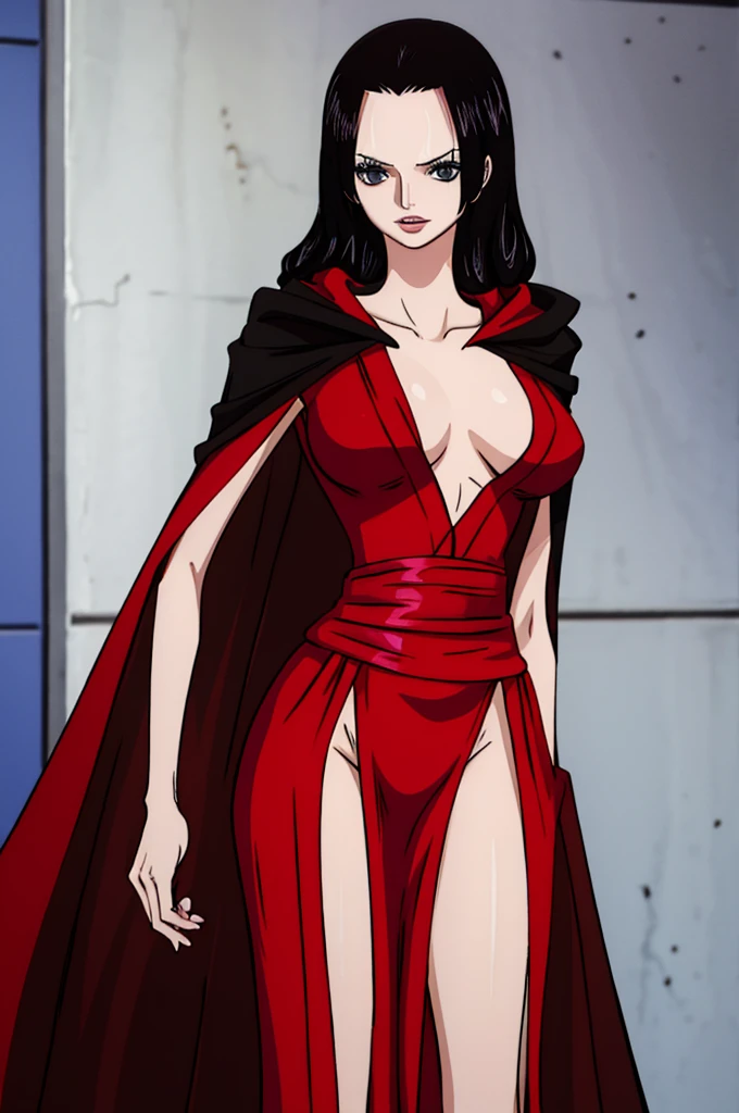 Angelina Jolie with black cape, red clothing that covers her entire body