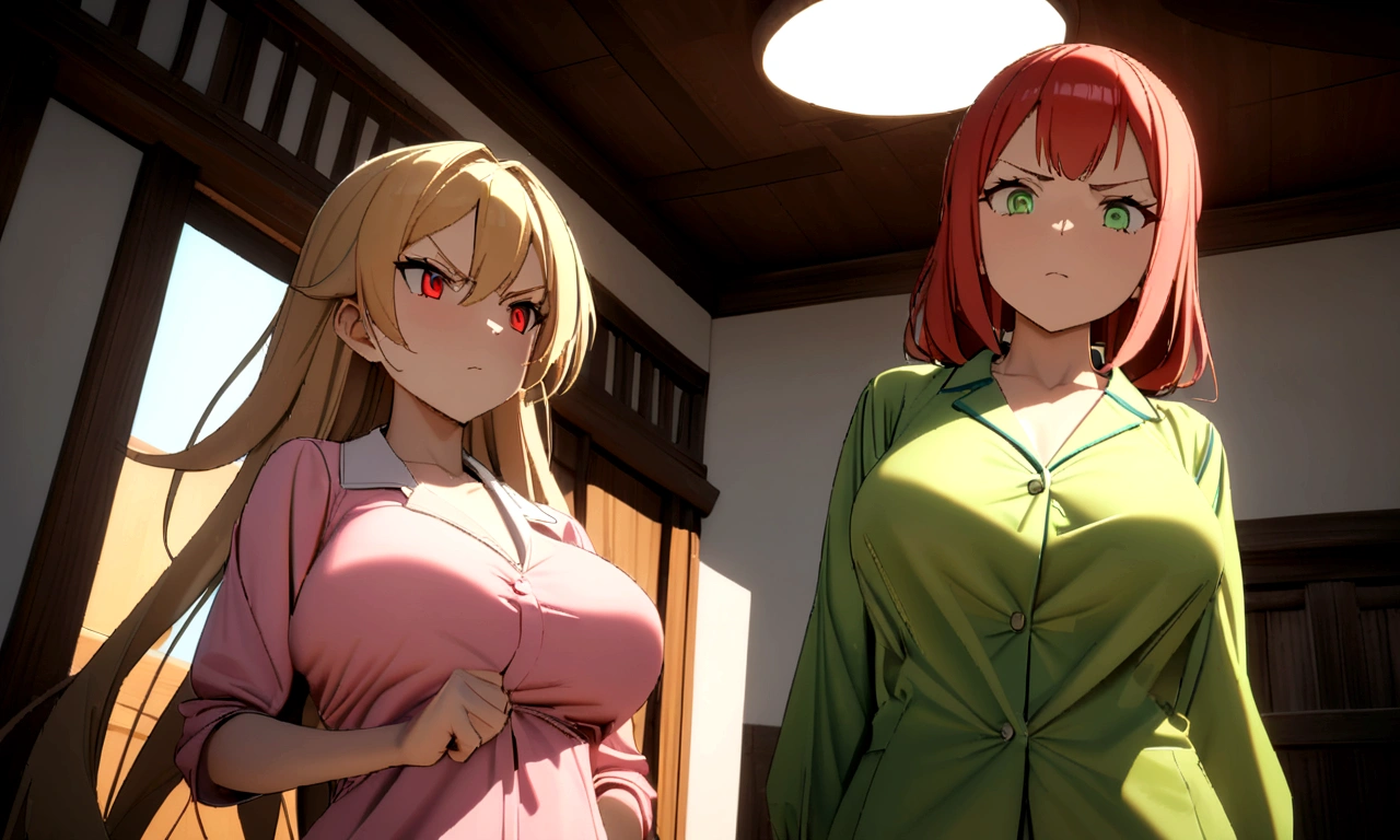 3 girls, ((First girl: Long twin tail red hair, blue eyes, tall, busty, curvy, pink pajamas)), ((Second girl: Long straight brown hair, green eyes, tall, busty, curvy, green pajamas)), ((Third girl: Short yellow hair, red eyes, short, slim, flat, yellow pajamas)), all are inside the bedroom, all girls are angry, 8k, Masterpiece, Ray tracing.