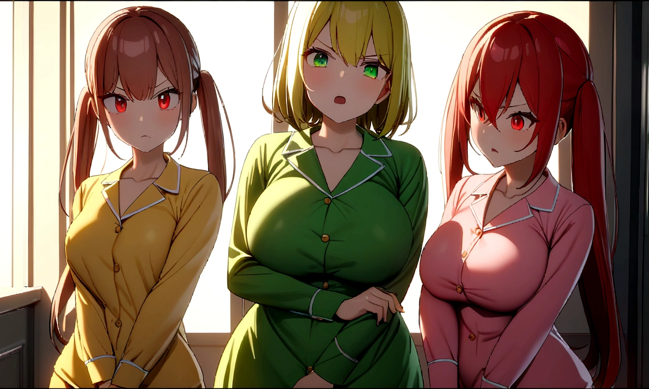 3 girls, ((First girl: Long twin tail red hair, blue eyes, tall, busty, curvy, pink pajamas)), ((Second girl: Long straight brown hair, green eyes, tall, busty, curvy, green pajamas)), ((Third girl: Short yellow hair, red eyes, short, slim, flat, yellow pajamas)), all are inside the bedroom, all girls are angry, 8k, Masterpiece, Ray tracing.