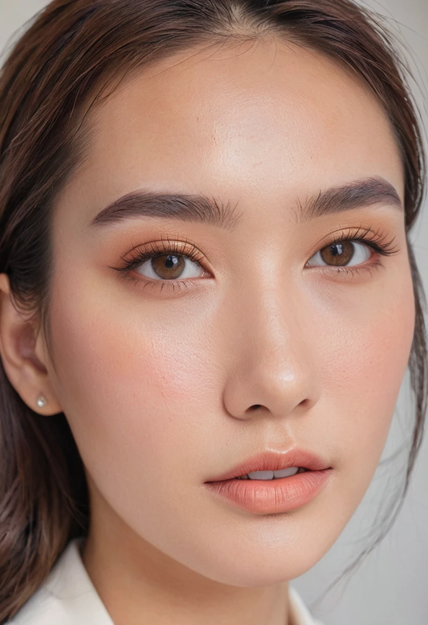 Close-up shot of a MagMix Girl's face showcasing her realistic skin texture with subtle makeup, focusing on her natural beauty with well-defined eyebrows and soft, neutral eyeshadow