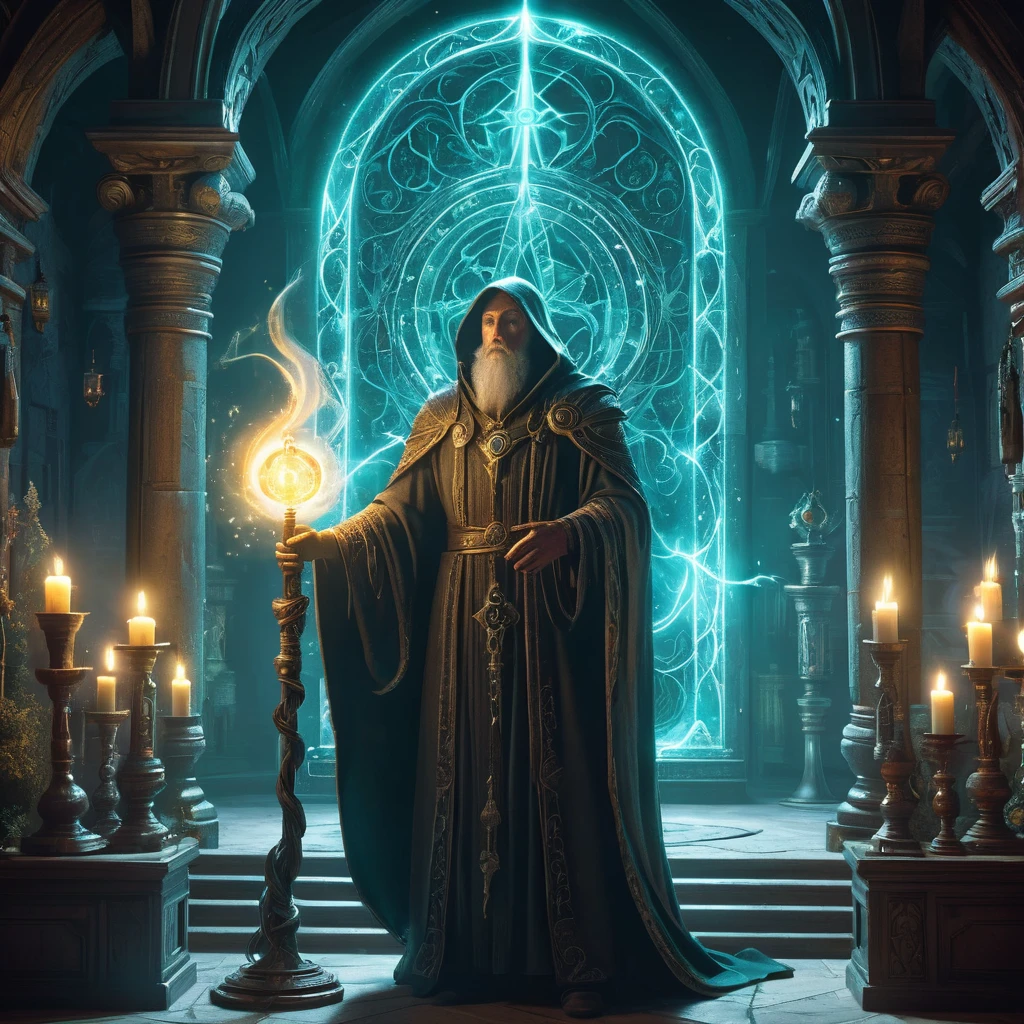 Imagine a magical staff standing proudly in the center of a dimly lit wizard's room, its presence commanding the space with an aura of ancient power. The staff is crafted from gnarled wood, twisted and entwined with vines that glow softly with an inner light. At its top, a large, luminous crystal pulses gently with shifting colors, casting an otherworldly glow across the room. Surrounding the staff are shelves filled with ancient tomes, jars of mysterious ingredients, and parchment scrolls covered in arcane symbols. Flickering candles cast dancing shadows, highlighting the intricate carvings and runes etched into the staff's surface. Capture the essence of magical potential and the depth of arcane knowledge that this enchanted staff represents, standing as the centerpiece of the wizard's mystical sanctuary