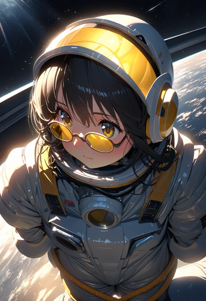 (extremely detailed fine touch:1.3), (hard light, studio light, light rays, dappled light, reflection, shadows, ray tracing:1.0), (2D:1.3), girl, solo, very short black hair, (((yellow underrim glasses:1.3))), (headphones:1.2), blush, spacesuit, space helmet, space, Space Colony, earth