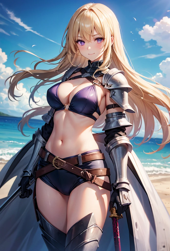 slender, mature female,rating:safe, weapon, breasts, navel, purple_eyes, swimsuit, armor, 1girl, smile, bikini, looking_at_viewer, outdoors, bikini_armor, long_hair, belt, large_breasts, cleavage, blue_sky, holding, solo, gauntlets, closed_mouth, knight, blonde_hair, holding_sword,holding_weapon, shoulder_armor, blush, thighs, cowboy_shot, bangs, stomach, gloves, standing, eyebrows_visible_through_hair,o-ring, 