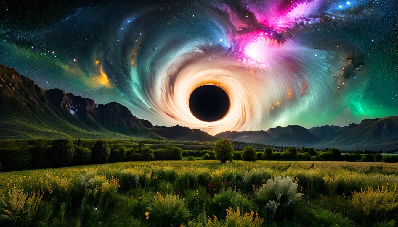 a black hole rises in the sky of a lush land, a star is next to him, une partie de l'étoile est aspirée par le trou noir