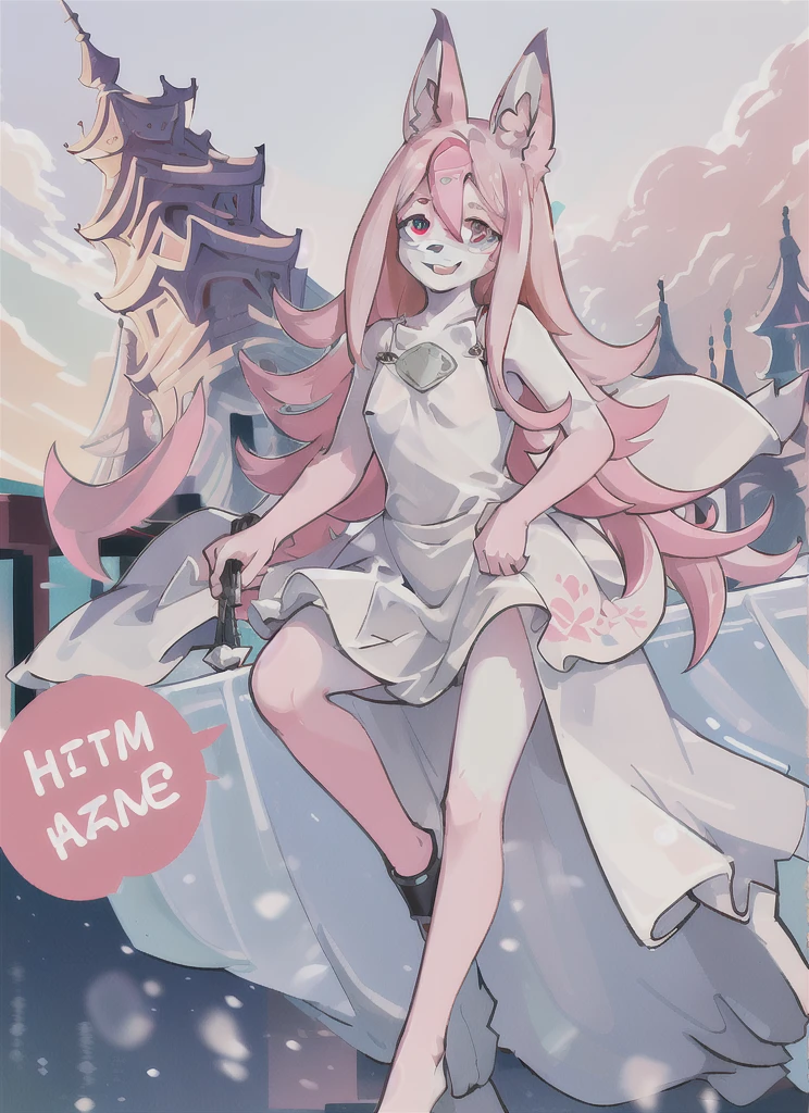 Nazuna_hiwatashi, furry, furry female, white skin, (high quality), flat chest, tail, smile, red eyes, outside, pussy, pink hair, multicolored hair