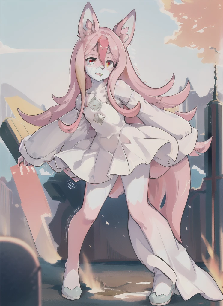 Nazuna_hiwatashi, furry, furry female, white skin, (high quality), flat chest, tail, smile, red eyes, outside, pussy, pink hair, multicolored hair