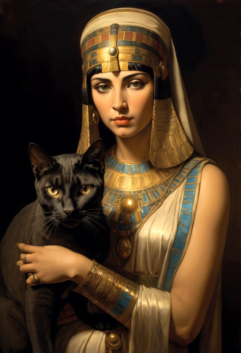 Renaissance painting of Cleopatra standing, holding her cat, facing the viewer, she exudes respect and intelligence.