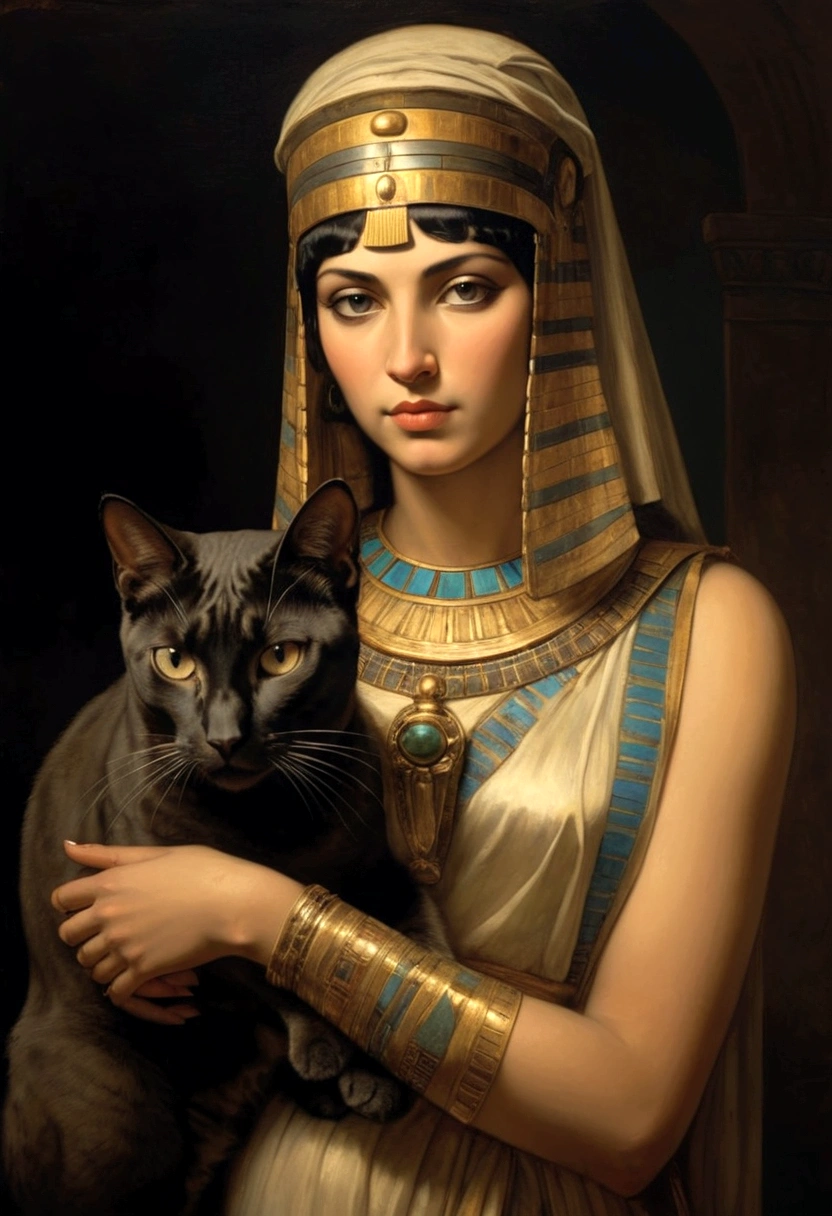 Renaissance painting of Cleopatra standing, holding her cat, facing the viewer, she exudes respect and intelligence.