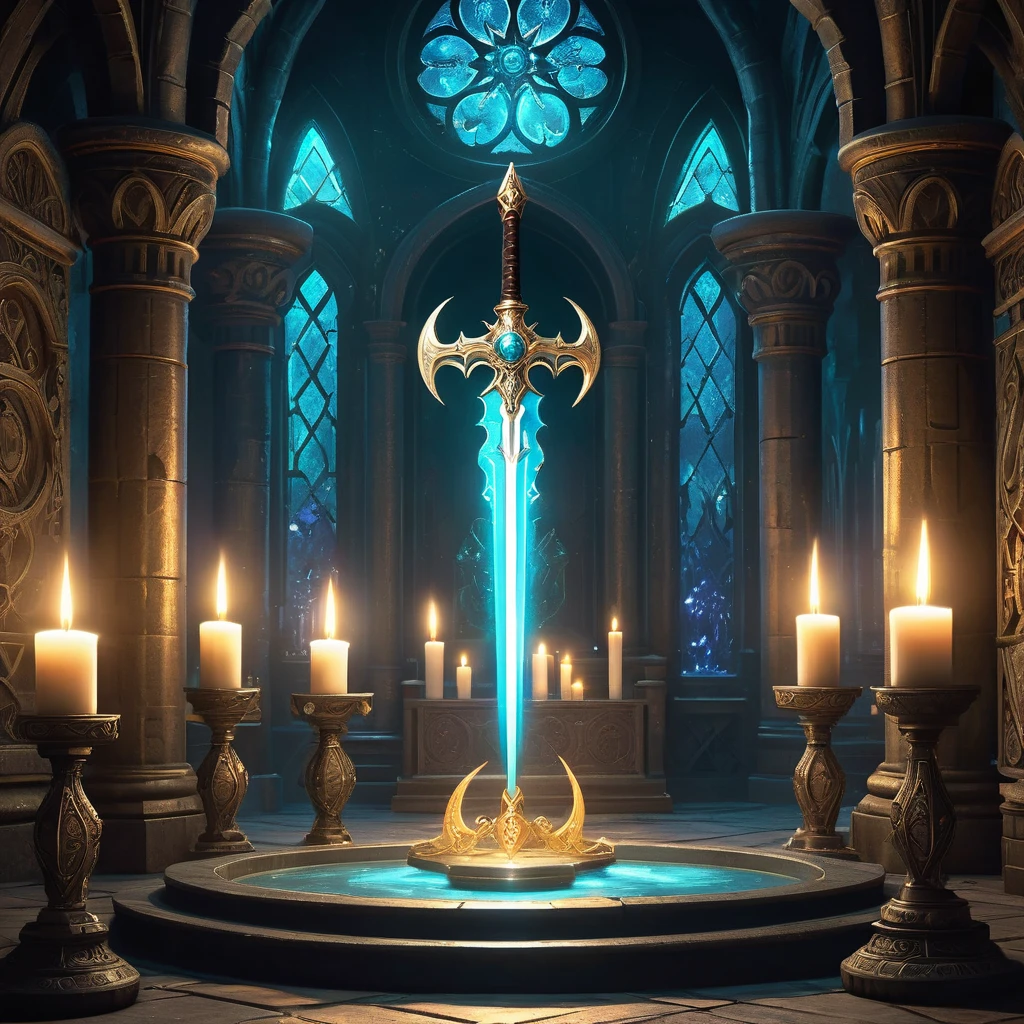 Imagine a mystical room filled with the soft glow of enchanted light, where a fantasy medieval weapon takes center stage. This weapon, a beautifully forged sword with a blade that shimmers with an ethereal luminescence, rests on a pedestal carved from ancient stone. The hilt is adorned with intricate runes and precious gems that pulse faintly with magical energy. Surrounding the pedestal are shelves lined with arcane tomes, alchemical equipment, and glowing crystals. Flickering candles and floating orbs of light illuminate the room, casting intricate shadows that dance across the walls adorned with mystical symbols. Capture the sense of power and mystery emanating from this enchanted weapon, a testament to the fusion of craftsmanship and magic in a fantasy medieval setting."