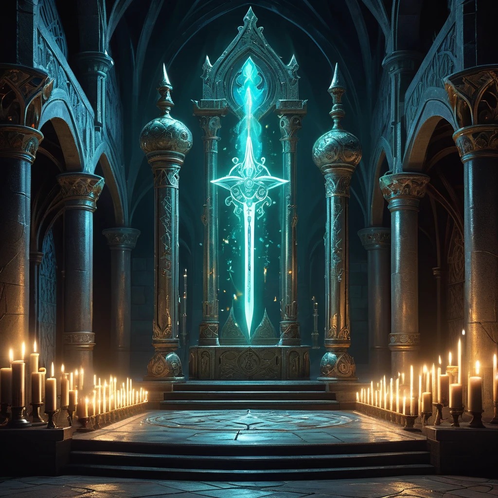 Imagine a mystical room filled with the soft glow of enchanted light, where a fantasy medieval weapon takes center stage. This weapon, a beautifully forged sword with a blade that shimmers with an ethereal luminescence, rests on a pedestal carved from ancient stone. The hilt is adorned with intricate runes and precious gems that pulse faintly with magical energy. Surrounding the pedestal are shelves lined with arcane tomes, alchemical equipment, and glowing crystals. Flickering candles and floating orbs of light illuminate the room, casting intricate shadows that dance across the walls adorned with mystical symbols. Capture the sense of power and mystery emanating from this enchanted weapon, a testament to the fusion of craftsmanship and magic in a fantasy medieval setting."
