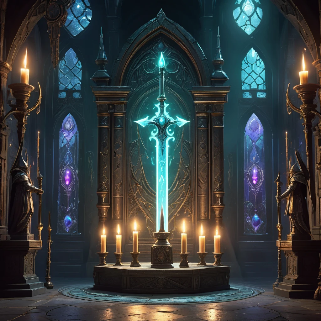 Imagine a mystical room filled with the soft glow of enchanted light, where a fantasy medieval weapon takes center stage. This weapon, a beautifully forged sword with a blade that shimmers with an ethereal luminescence, rests on a pedestal carved from ancient stone. The hilt is adorned with intricate runes and precious gems that pulse faintly with magical energy. Surrounding the pedestal are shelves lined with arcane tomes, alchemical equipment, and glowing crystals. Flickering candles and floating orbs of light illuminate the room, casting intricate shadows that dance across the walls adorned with mystical symbols. Capture the sense of power and mystery emanating from this enchanted weapon, a testament to the fusion of craftsmanship and magic in a fantasy medieval setting."