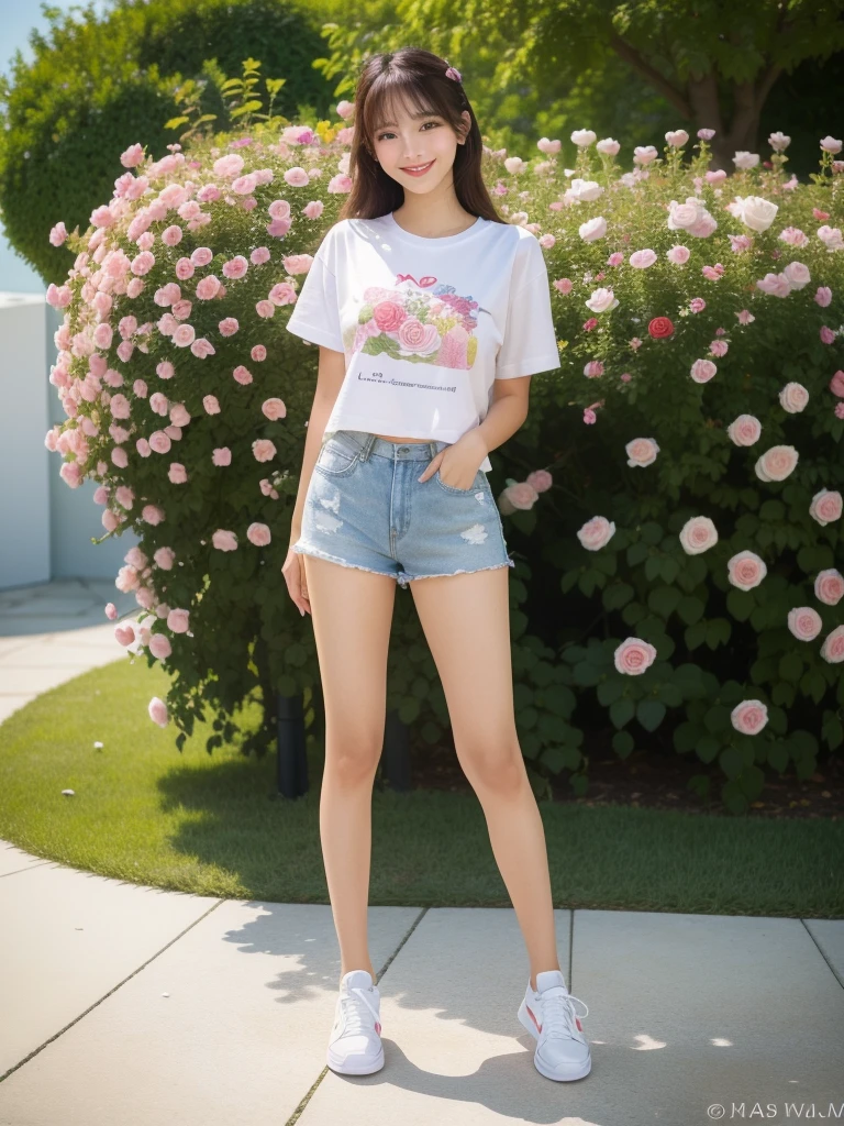 Masterpiece, beautiful girl, smile, Looking at the camera, standing in front of a bouquet of roses, Wear shorts and a T-shirt, white sneakers. Wear shirts and shorts., flower, full body photo, Comfortable pose, Slender legs