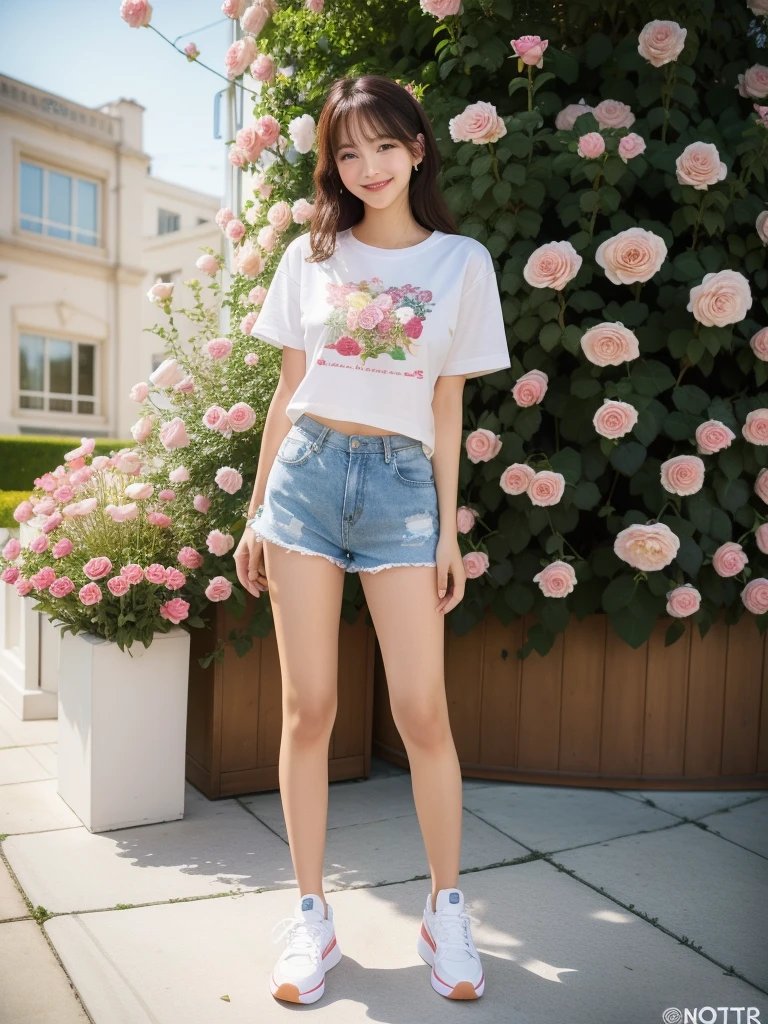 Masterpiece, beautiful girl, smile, Looking at the camera, standing in front of a bouquet of roses, Wear shorts and a T-shirt, white sneakers. Wear shirts and shorts., flower, full body photo, Comfortable pose, Slender legs