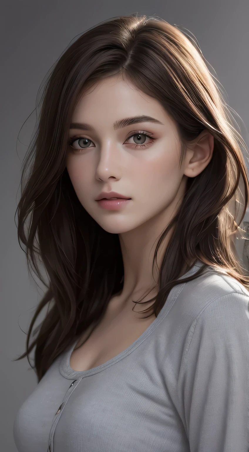 (photograph:1.2)、(photorealistic:1.3)、(masterpiece:1.3)、(Highest image quality:1.4)、ultra high resolution、(detailed eyes)、(detailed facial features)、(Detailed garment features)、8K resolution、solo focus、26 year old mature woman、small face、no makeup、Detailed beautiful eyes、bangs、dark brown hair、short cut hair、(realistic skin)、beautiful skin、charming、ultra high resolution、Super realistic、High definition、Camisa branca aberta,middlebre、small breasts、bust B cup、small breasts、cool beauty、Gray background、cinematic lighting、perfect、soft light、High resolution skin:1.2、realistic skin texture、26 years old mature woman、small face、no makeup、Bust B Cup、Detailed beautiful brown eyes、long hair、dark brown hair、Cool beauty、gray background