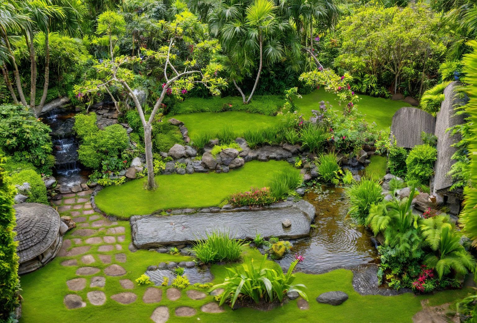 Moderntropicalgardern,aiaigroup, aerial view, outdoors, garden, tree, east asian architecture, rock, stone, flower, daylight,  house,Beautifully designed garden mandarin branches